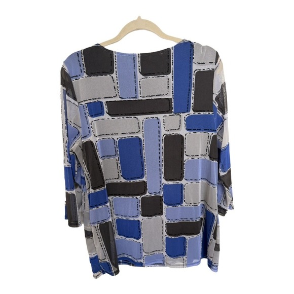 Alfani Blue Patchwork Mesh Sleeve Long Sleeve Plus Size 2X Blouse Abstract - Picture 4 of 5